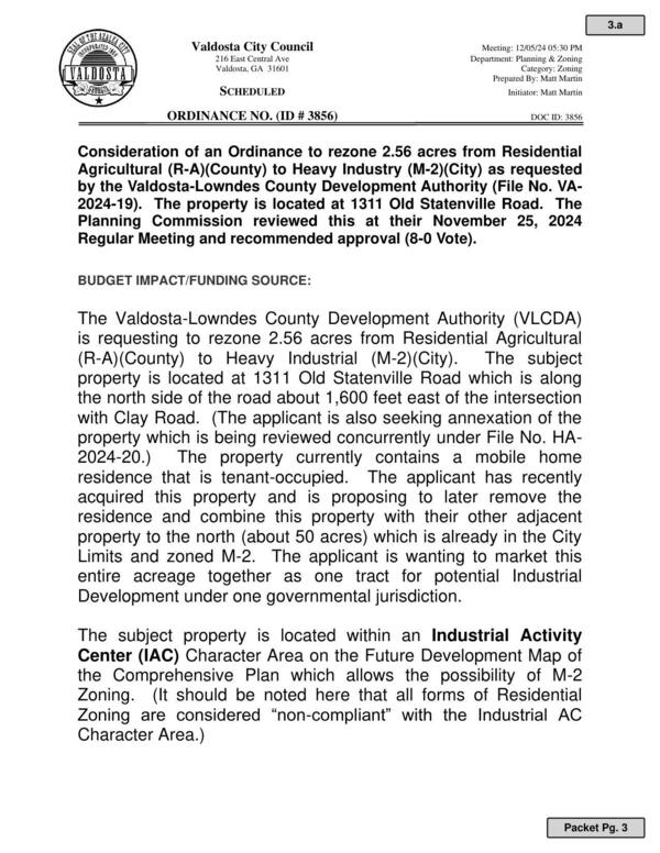 Rezone rezone 2.56 acres from Residential Agricultural (R-A)(County) to Heavy Industry (M-2)(City) as requested by the Valdosta-Lowndes County Development Authority (File No. VA-2024-19).