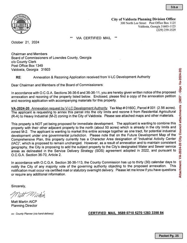 Letter from Valdosta to Lowndes County Commission