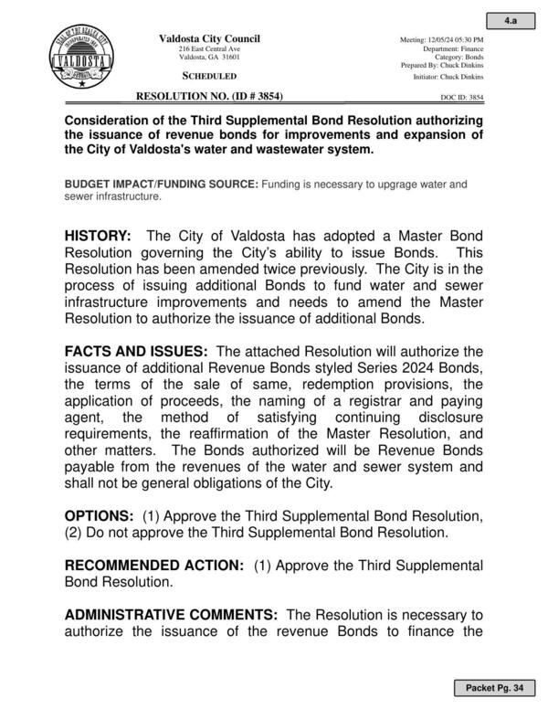 Third Supplemental Bond Resolution authorizing the issuance of revenue bonds for improvements and expansion of the City of Valdosta's water and wastewater system.