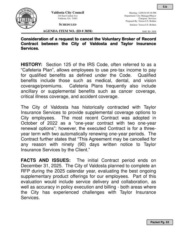 [This Agreement may be cancelled for any reason with ninety (90) days written notice to Taylor Insurance Services by the Client.]