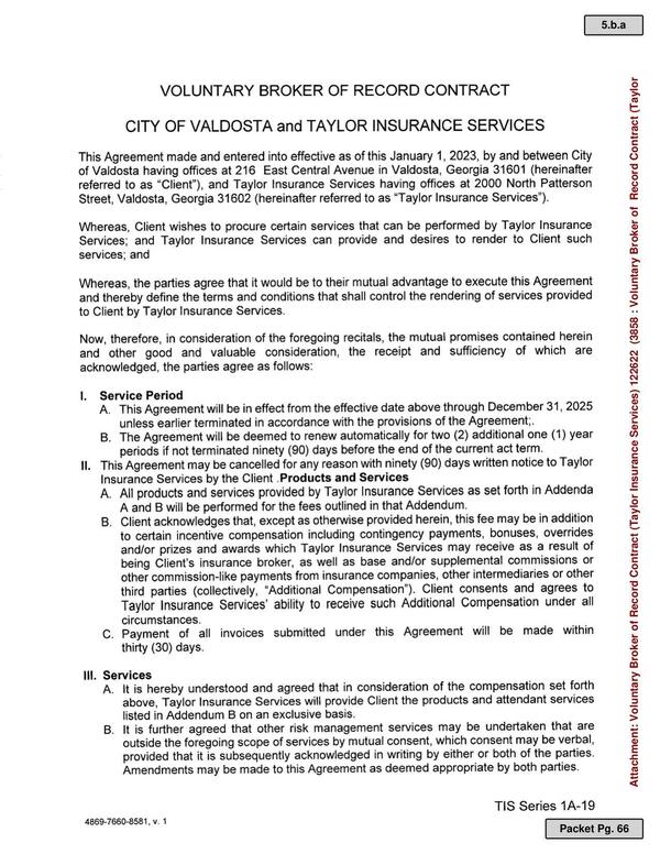 VOLUNTARY BROKER OF RECORD CONTRACT CITY OF VALDOSTA and TAYLOR INSURANCE SERVICES