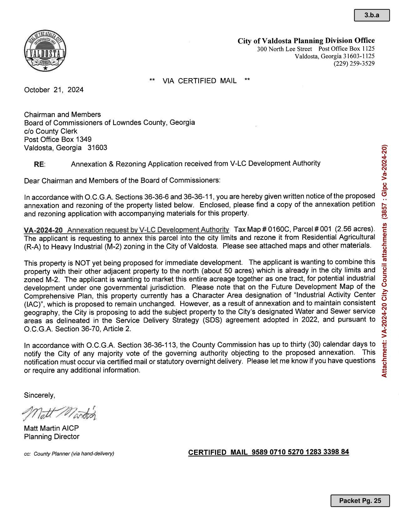 Letter from Valdosta to Lowndes County Commission