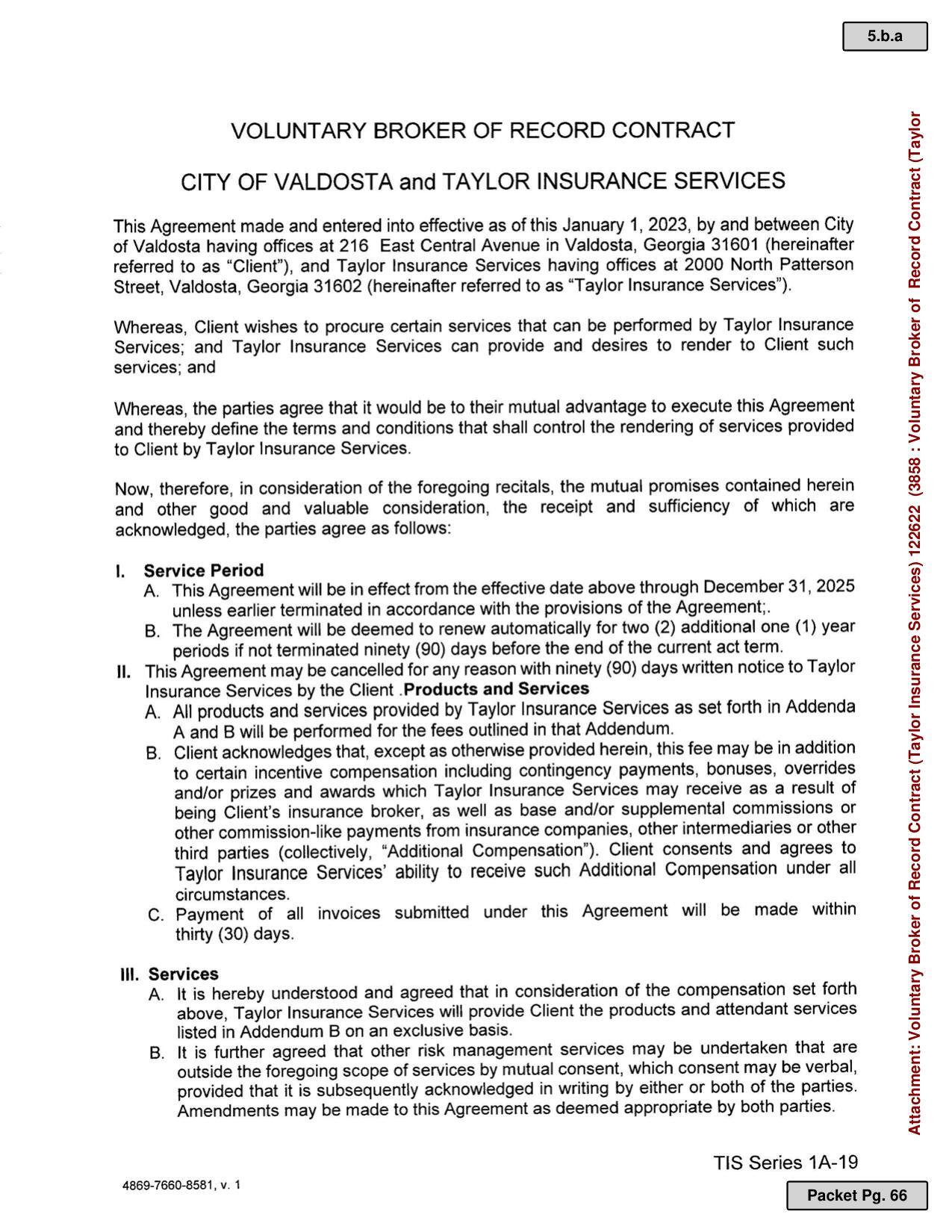 VOLUNTARY BROKER OF RECORD CONTRACT CITY OF VALDOSTA and TAYLOR INSURANCE SERVICES