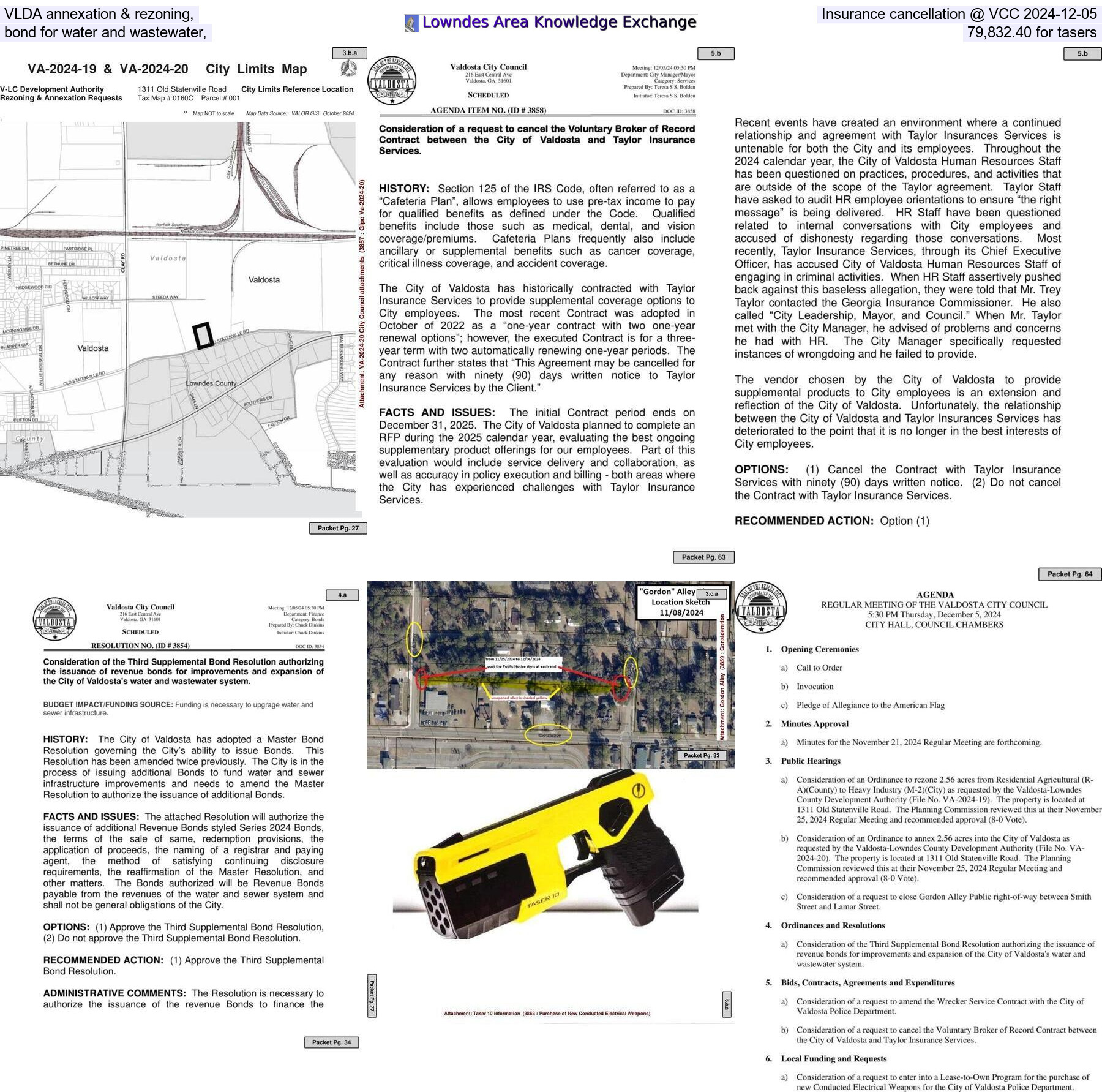 [Packet: Issue water and sewer bonds, cancel insurance contract, $679,832.40 for tasers, VLDA rezoning and annexation, raise wrecker rates @ VCC 2024-12-05]