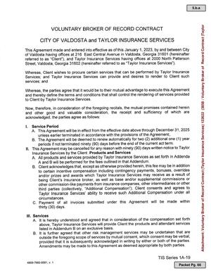 [VOLUNTARY BROKER OF RECORD CONTRACT CITY OF VALDOSTA and TAYLOR INSURANCE SERVICES]