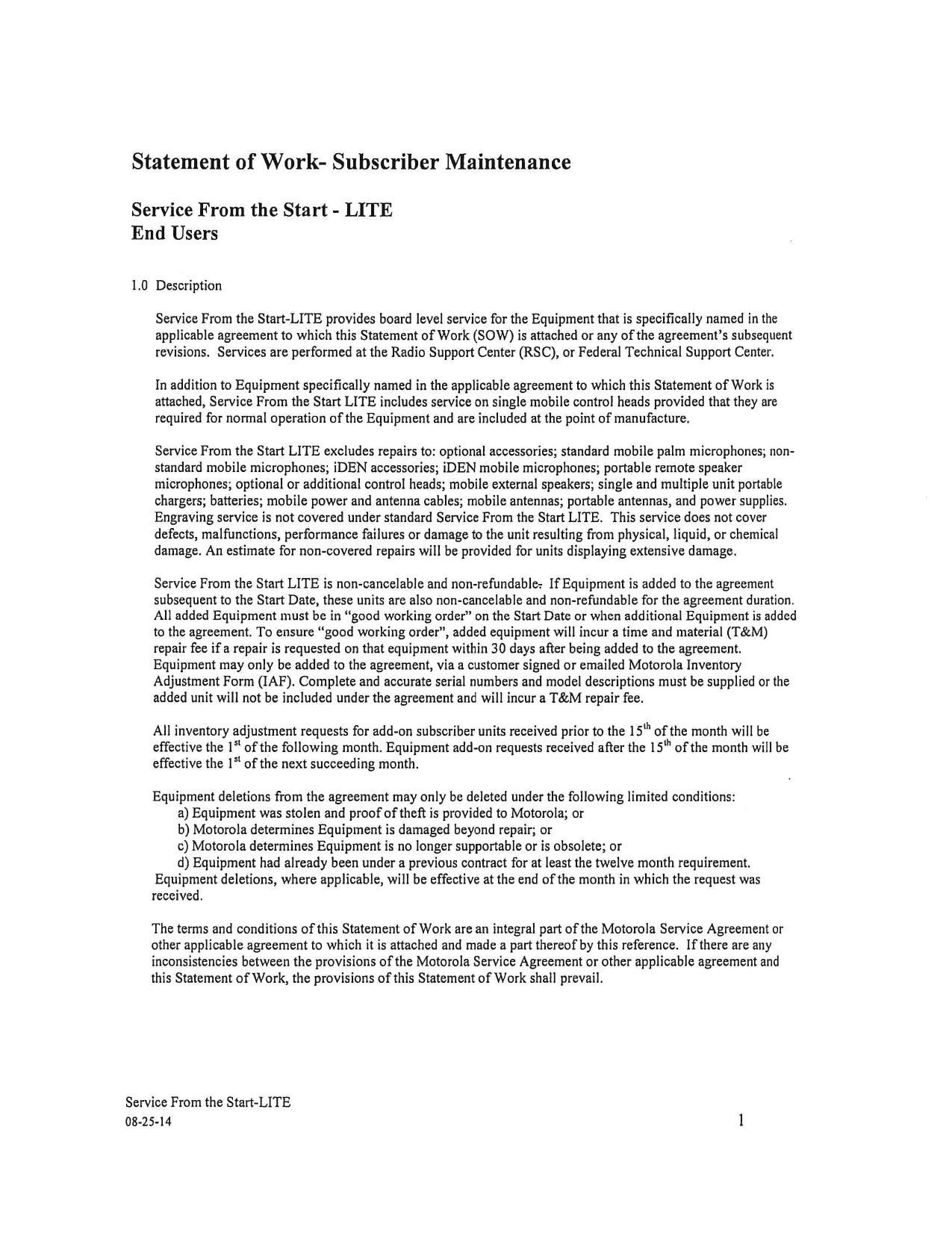Statement of Work- Subscriber Maintenance