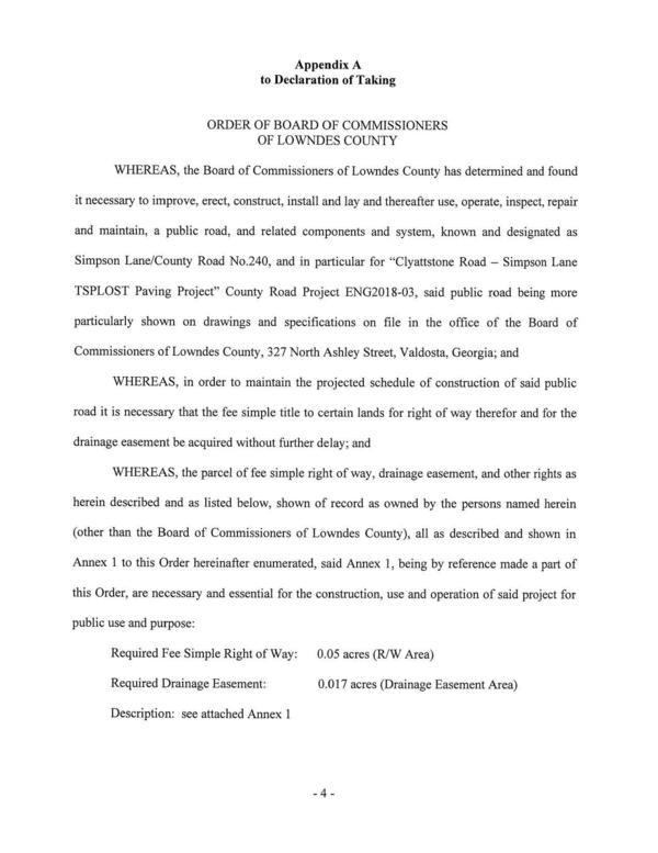 Appendix A: ORDER OF BOARD OF COMMISSIONERS OF LOWNDES COUNTY