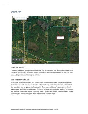 [GDIT: Proposed Tower Location map, Need for the Site, Site Selection Summary]