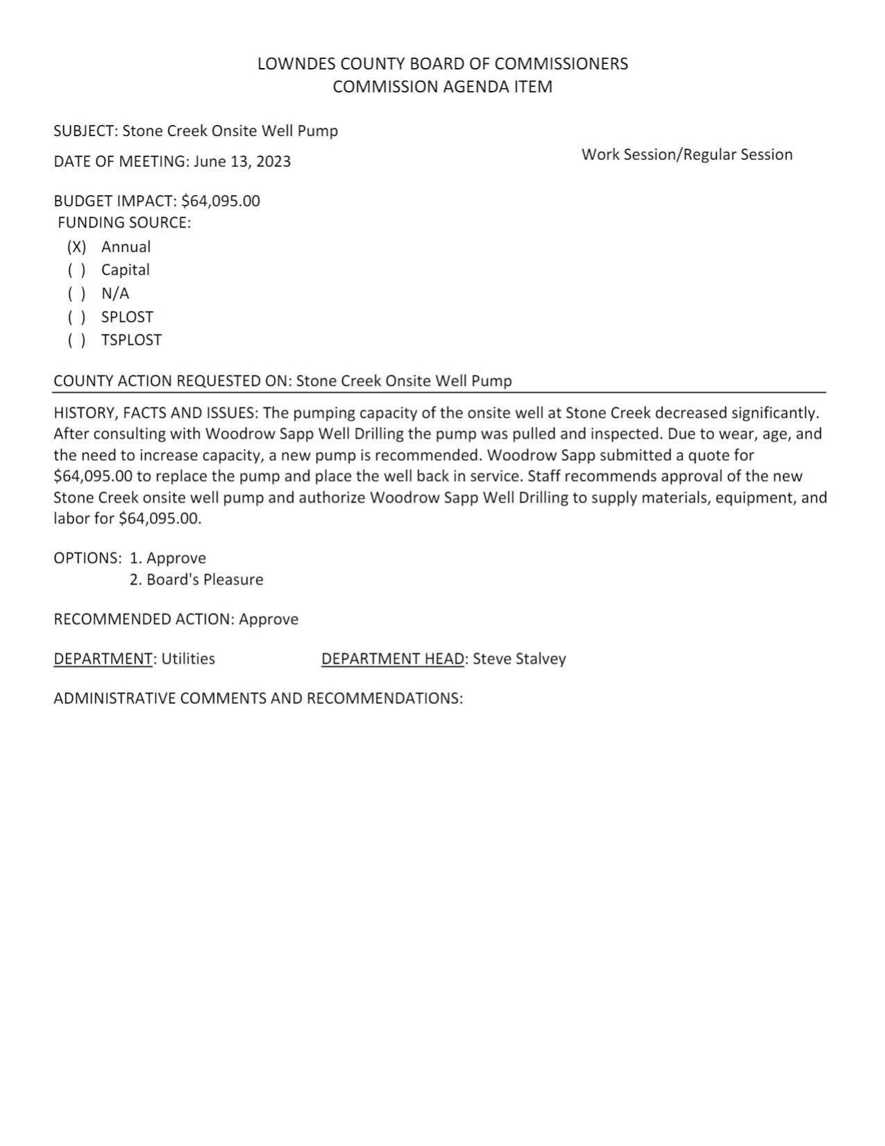 BUDGET IMPACT: $64,095.00; The pumping capacity of the onsite well at Stone Creek decreased significantly.