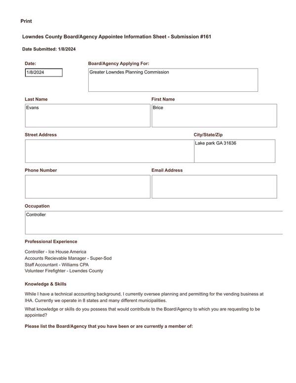 Evans Brice application