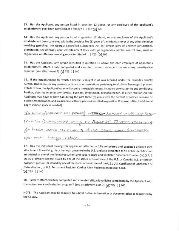 16. If the establishment for which a license is sought is or was licensed under the Lowndes County
