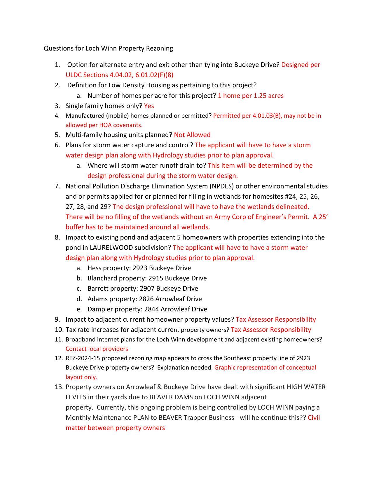 Questions for Loch Winn Property Rezoning