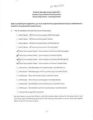 [Alcoholic Beverage License Application]