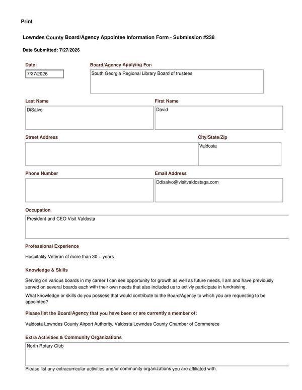 David Disalvo Information Form for Lowndes County Library Board