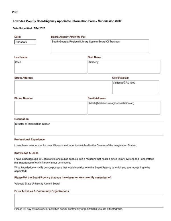 Kimberly Cliett Information Form for Lowndes County Library Board