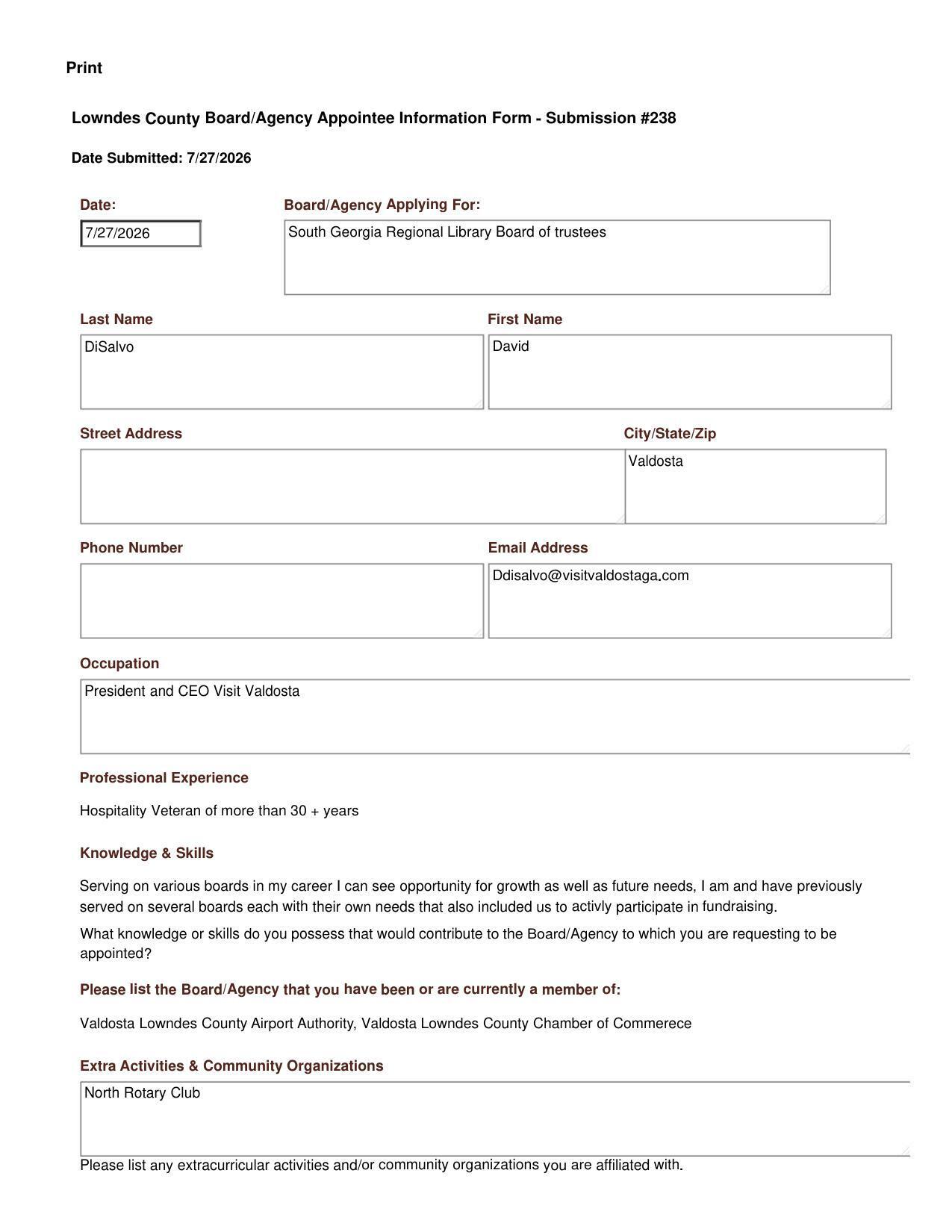 David Disalvo Information Form for Lowndes County Library Board
