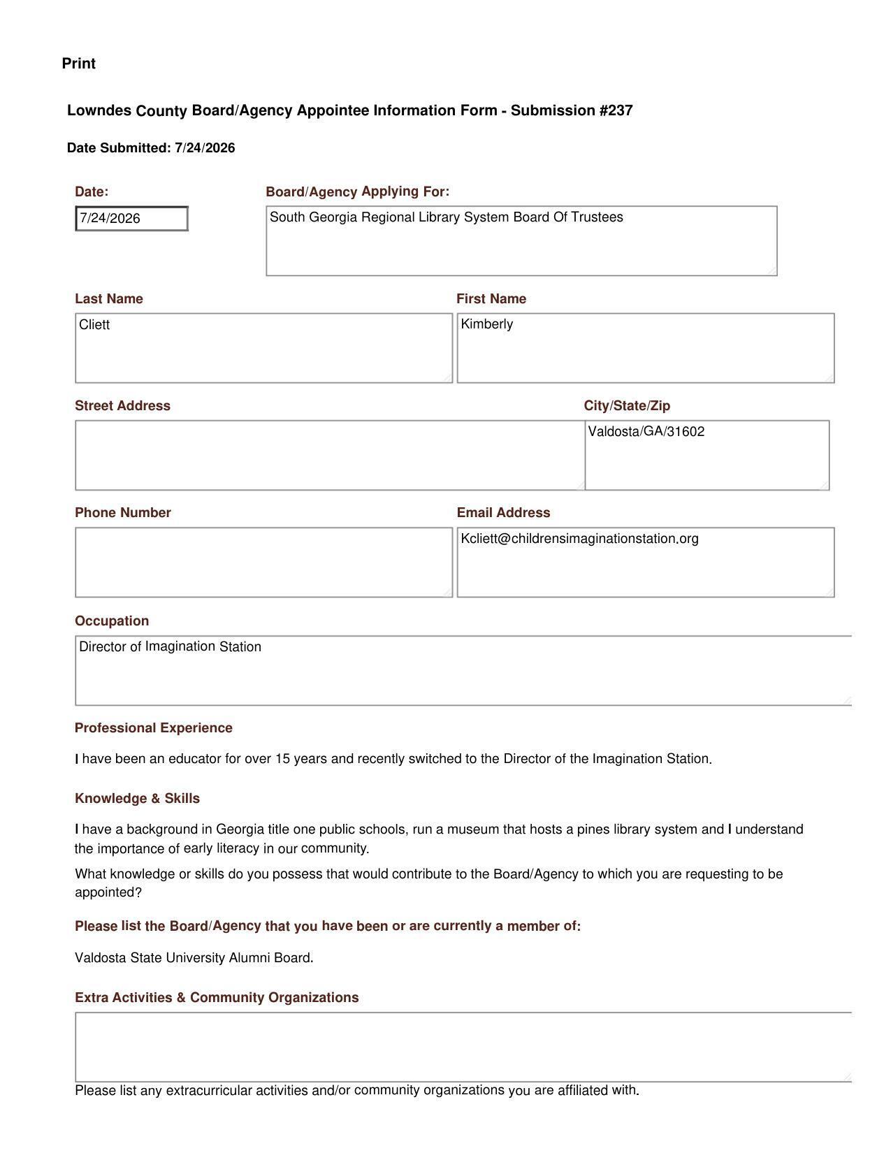 Kimberly Cliett Information Form for Lowndes County Library Board