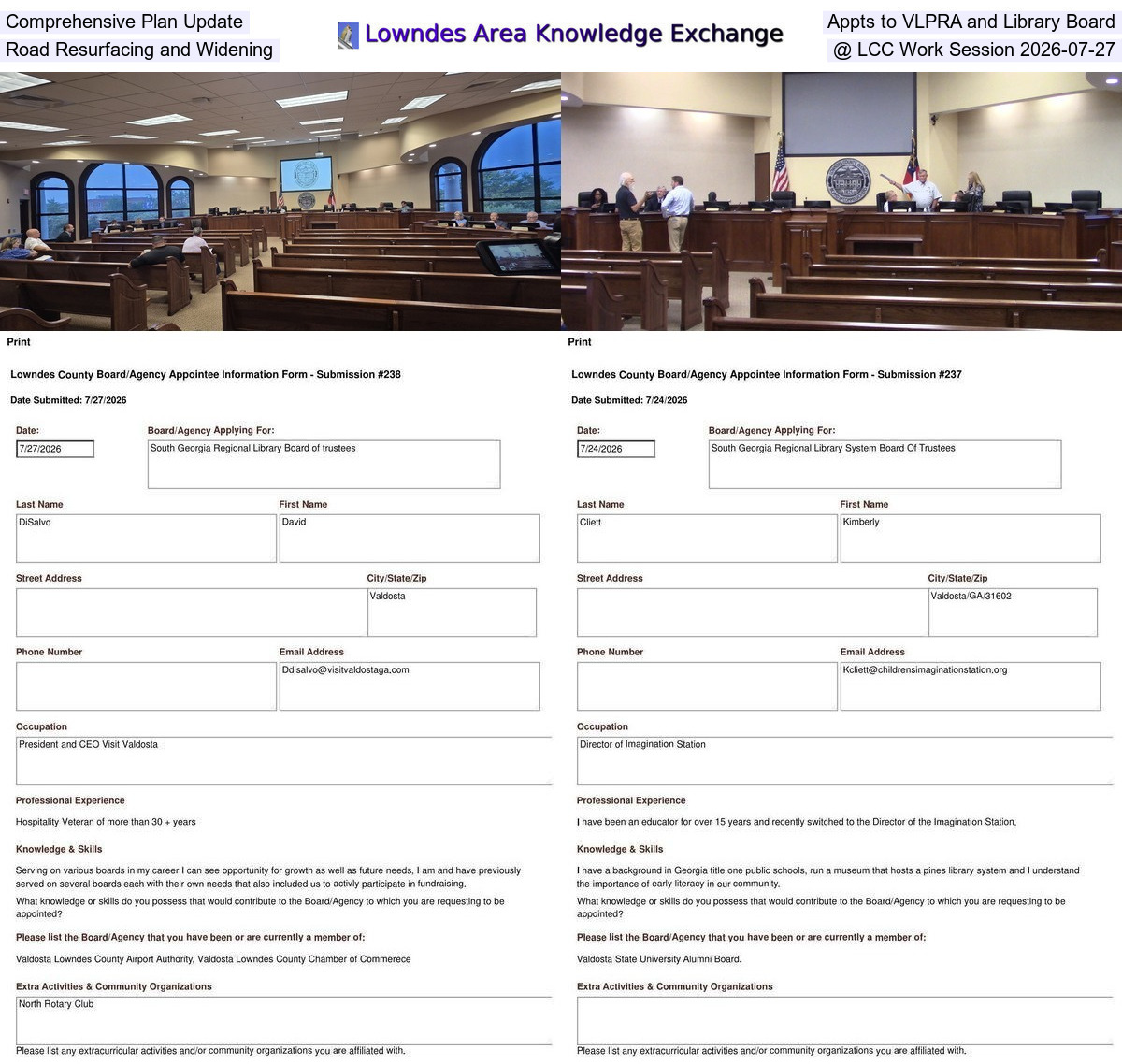 [Comprehensive Plan Update, Appts to VLPRA and Library Board, Road Resurfacing and Widening @ LCC Work Session 2026-07-27]