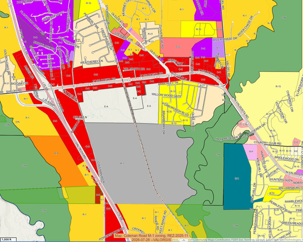[Map: Coleman Road M-1 zoning, REZ-2025-11, 2026-07-28 --VALORGIS]