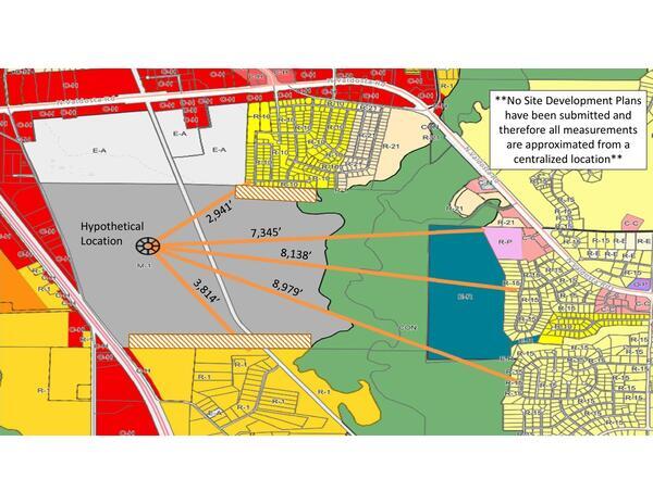 [Map: **No Site Development Plans have been submitted and therefore all measurements are approximated from a centralized location**]