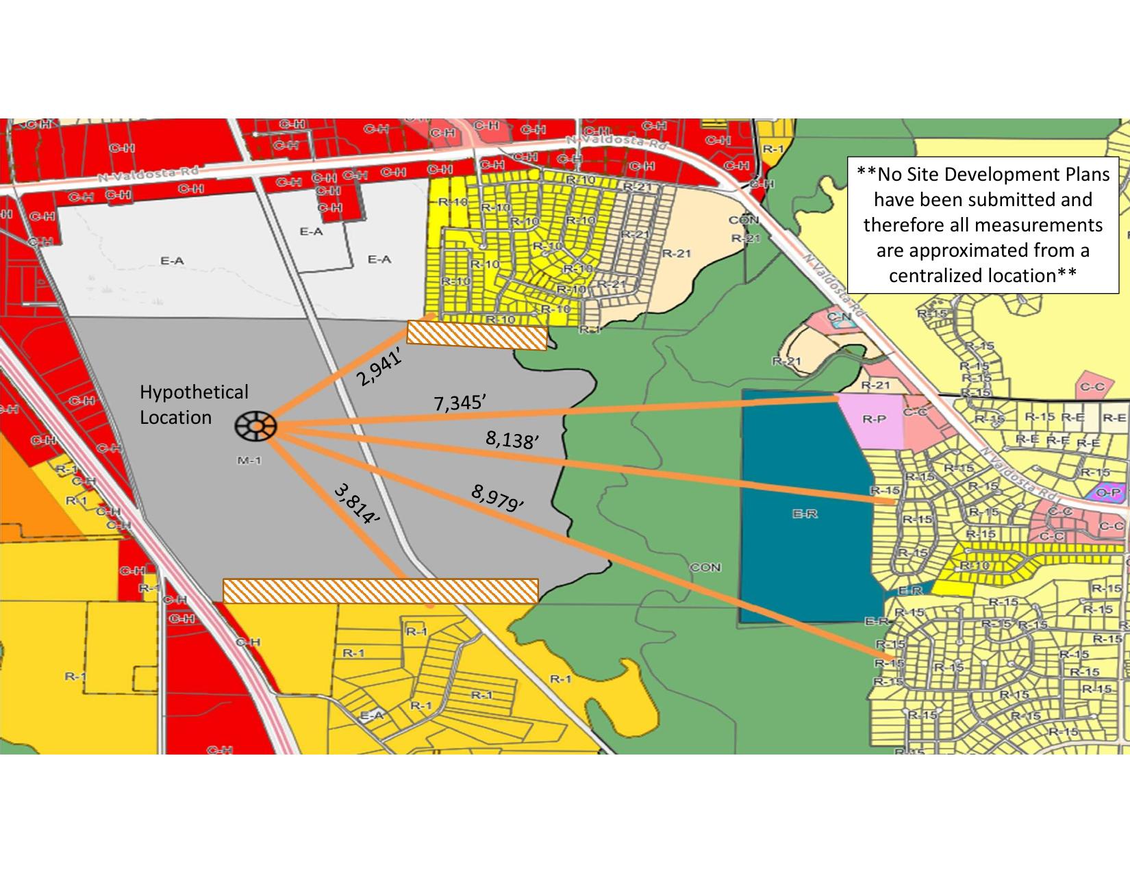 Map: **No Site Development Plans have been submitted and therefore all measurements are approximated from a centralized location**