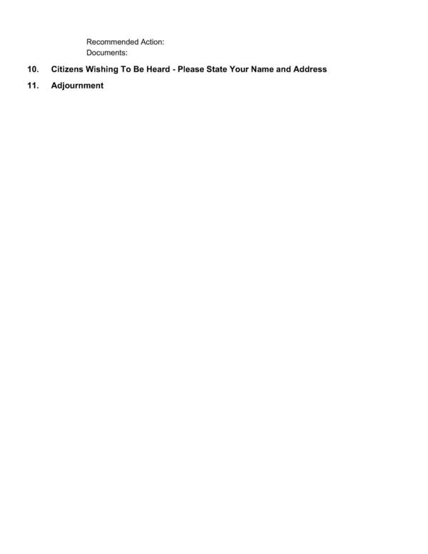 10. Citizens Wishing to Be Heard; 11. Adjournment