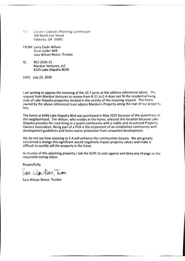Opposition letter from Sara Wilson Reece, Trustee for Larry Clyde Wilson